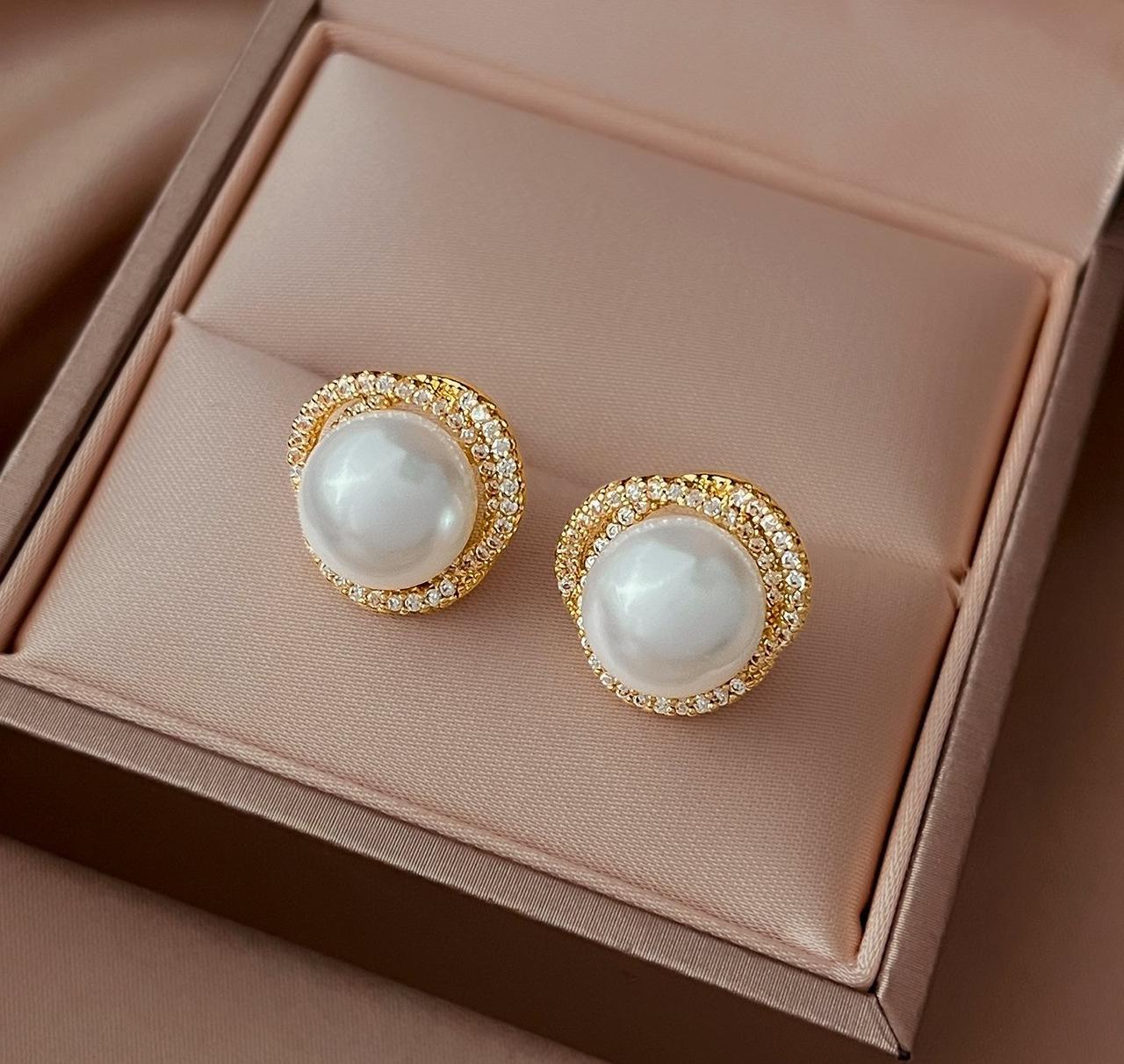 14mm pearl earrings for women, 925 pure silver, high-end French gold spiral earrings, light luxury temperament, unique earrings