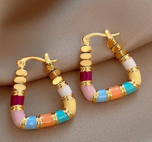 Colorful enamel geometric ear buckles suitable for square and round faces, women's new popular item, niche design, exquisite dopamine earrings