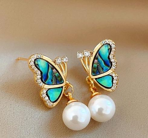 Dreamy colored butterfly pearl super sparkling zircon earrings with feminine temperament, niche design, light luxury and personalized earrings