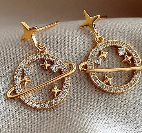 Fashionable hollowed out surround planet earrings for women, light luxury exquisite zircon planet earrings, niche high-end feeling star earrings