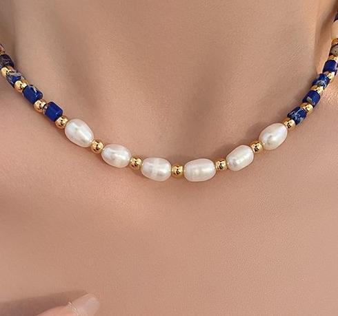 Light luxury and high-end feeling, lapis lazuli freshwater pearl necklace, versatile and fashionable for women's summer, collarbone chain, niche temperament, neck chain