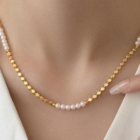 Light luxury temperament, gold beans, pearl splicing necklace, women's niche, high-end feeling, collarbone chain, summer versatile fashion necklace