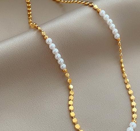 Light luxury temperament, gold beans, pearl splicing necklace, women's niche, high-end feeling, collarbone chain, summer versatile fashion necklace