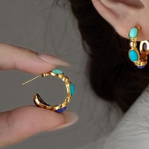 Mid ancient style turquoise earrings for women, niche design, European and American retro earrings, unique high-end ear accessories