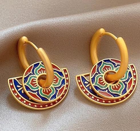 New Chinese style Chinese style red and blue color painted earrings for female minority, high-level national style, China-Chic, luxury, fashion and temperament earrings