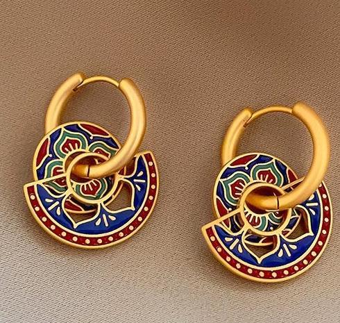 New Chinese style Chinese style red and blue color painted earrings for female minority, high-level national style, China-Chic, luxury, fashion and temperament earrings