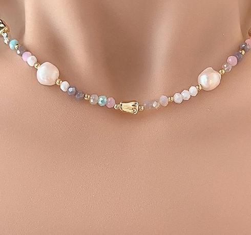 New Chinese style colored glass bead necklace for women in summer, light luxury, niche pearl collarbone chain, sweet and cool ethnic style necklace