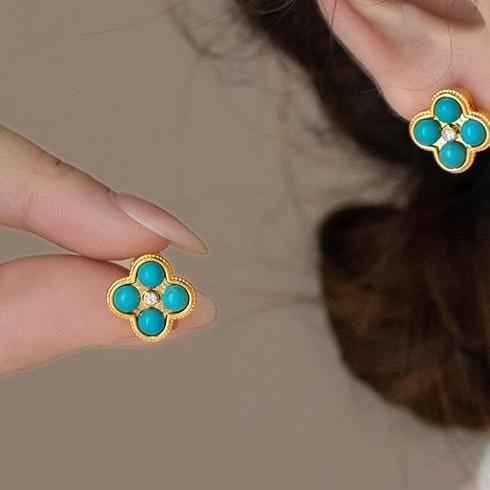 New Chinese style natural turquoise earrings China-Chic style four leaf clover zircon light luxury niche unique temperament medieval earrings