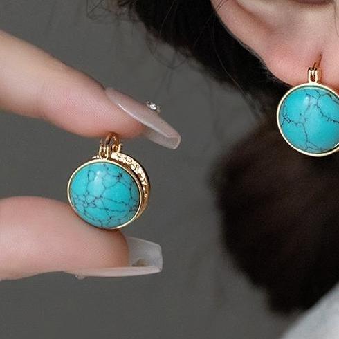 Retro New Chinese style Double sided Natural Turquoise Earrings for Women, Popular, Unique, Exquisite, niche Silver stud post Style Earrings for Women