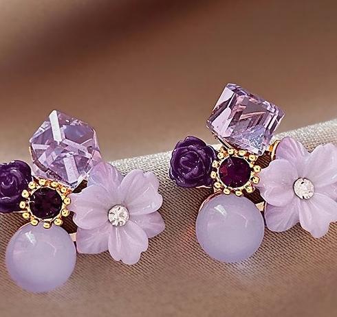 Retro charm purple crystal flower earrings for women 2024 new niche design temperament gentle high-end earrings