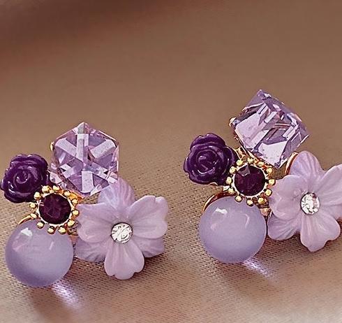 Retro charm purple crystal flower earrings for women 2024 new niche design temperament gentle high-end earrings