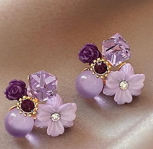 Retro charm purple crystal flower earrings for women 2024 new niche design temperament gentle high-end earrings