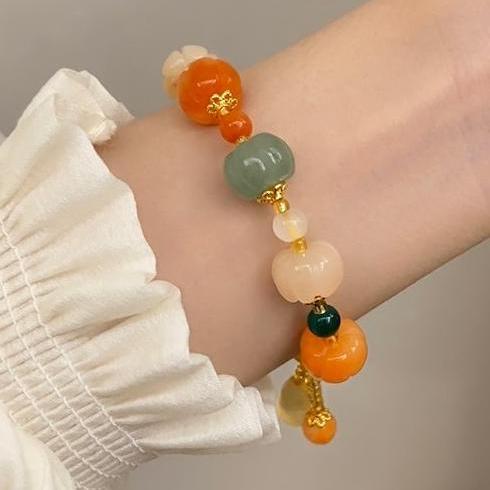 Small Pumpkin Golden Silk Jade Braided Rope Bracelet for Women, New Chinese Ancient Style, Transported Bead Bracelet, niche design bead bracelet