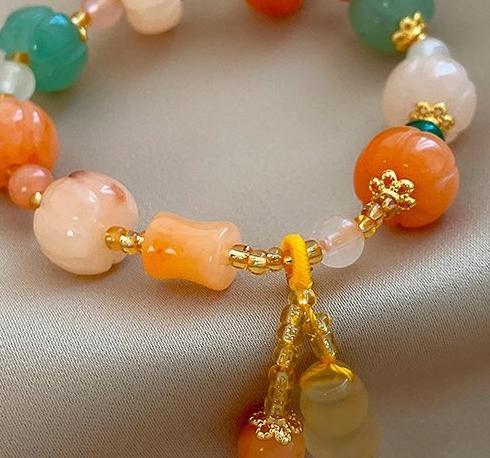 Small Pumpkin Golden Silk Jade Braided Rope Bracelet for Women, New Chinese Ancient Style, Transported Bead Bracelet, niche design bead bracelet