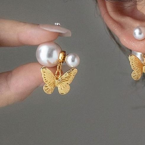 Super fairy temperament double-sided pearl metal butterfly earrings for women summer 2024 new popular elegant earrings fashionable earrings