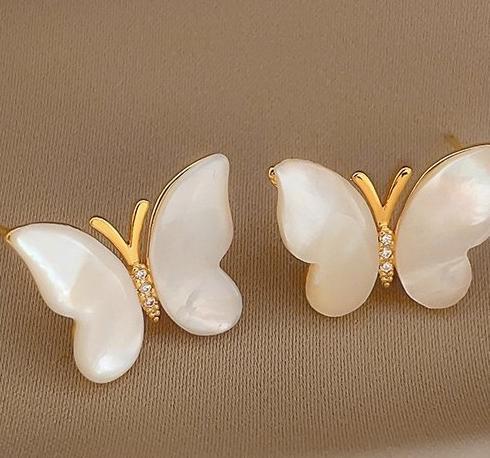 Sweet temperament, white mother of pearl zircon butterfly earrings, women's light luxury niche earrings, 2024 new popular and versatile earrings