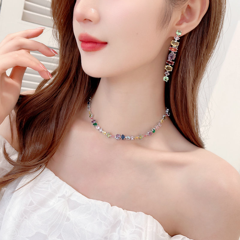 2023 New Fashion Style Necklace Trendy Gradient Color Zircon Women's Long Earrings Clavicle Chain Two Piece Set