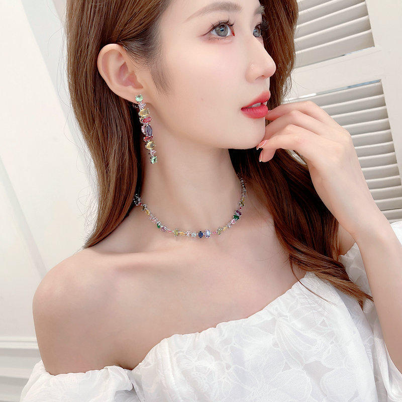 2023 New Fashion Style Necklace Trendy Gradient Color Zircon Women's Long Earrings Clavicle Chain Two Piece Set