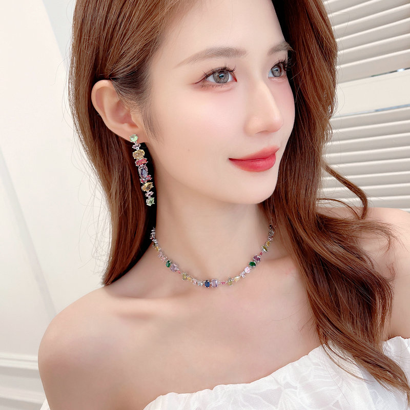 2023 New Fashion Style Necklace Trendy Gradient Color Zircon Women's Long Earrings Clavicle Chain Two Piece Set