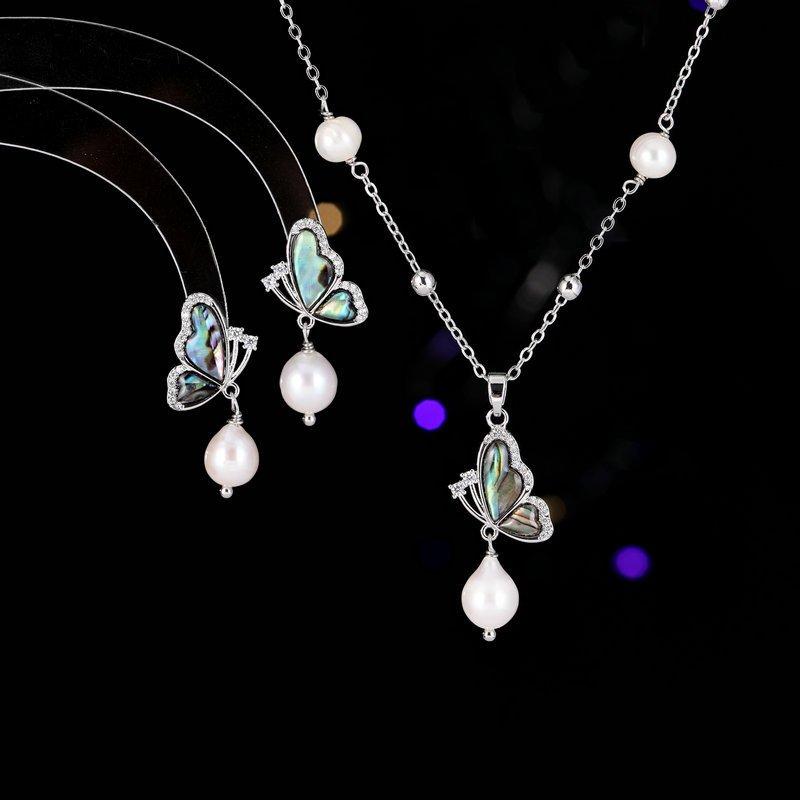 Breaking the cocoon into a butterfly, niche high-end earrings, collarbone chain, natural abalone shell, Baroque pearl, butterfly, women's neck necklace