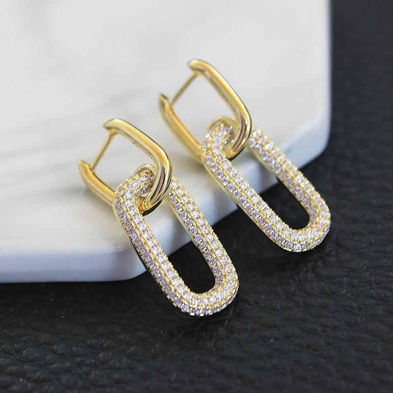 European and American personalized rectangular ear buckle original niche high-end feeling full diamond warehouse earrings women's temperament OL earrings