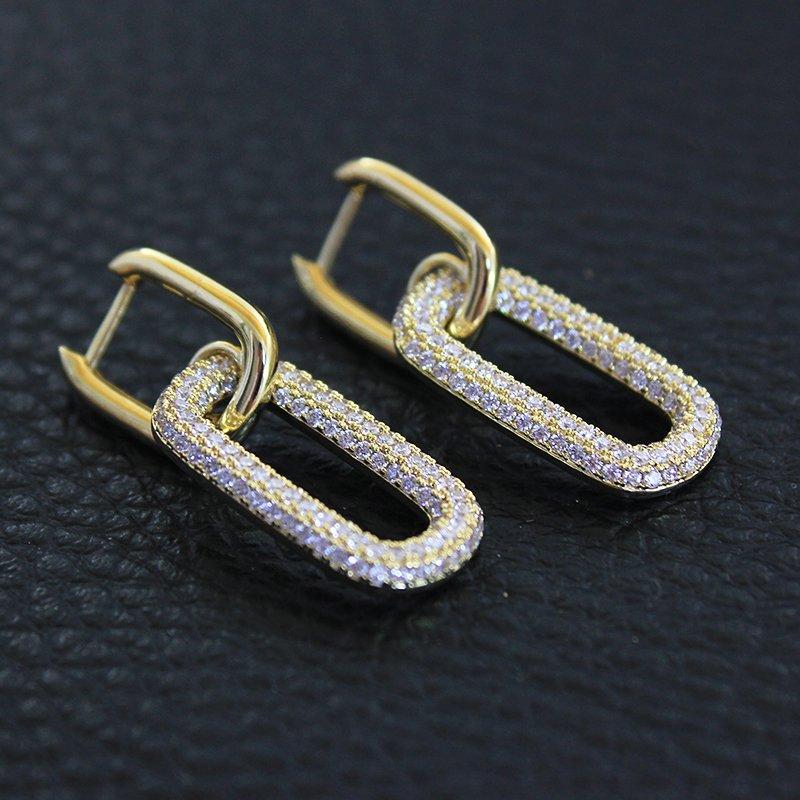 European and American personalized rectangular ear buckle original niche high-end feeling full diamond warehouse earrings women's temperament OL earrings