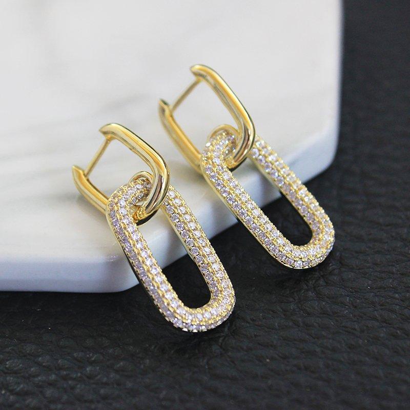 European and American personalized rectangular ear buckle original niche high-end feeling full diamond warehouse earrings women's temperament OL earrings