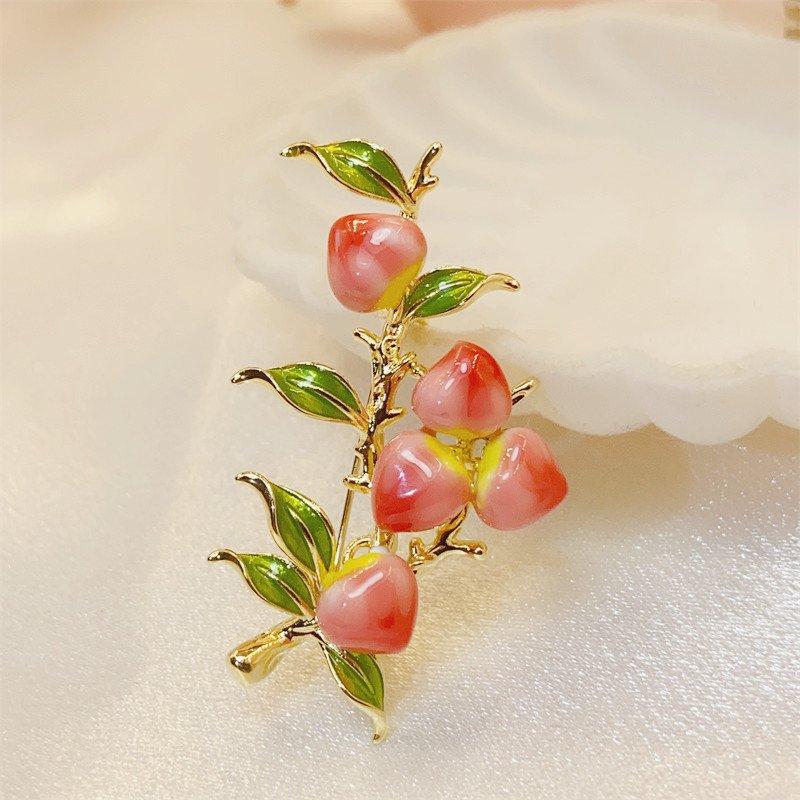 Full branch peach brooch, high-end temperament for women, enamel painted flower brooch, suit coat accessory, chest flower, retro