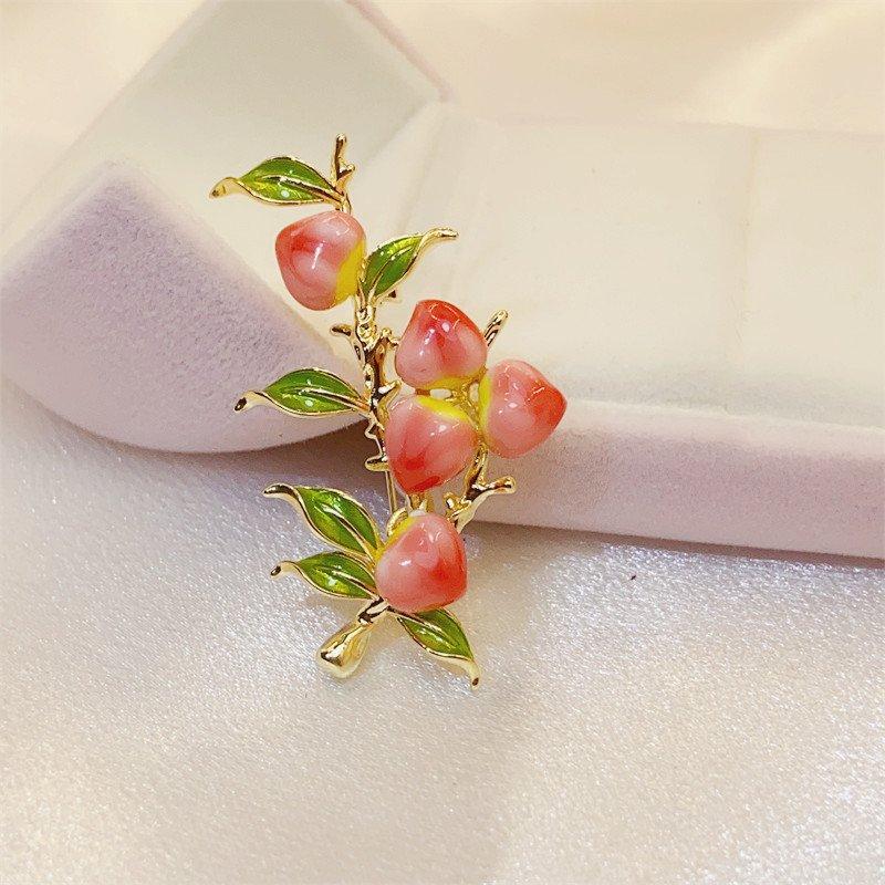 Full branch peach brooch, high-end temperament for women, enamel painted flower brooch, suit coat accessory, chest flower, retro