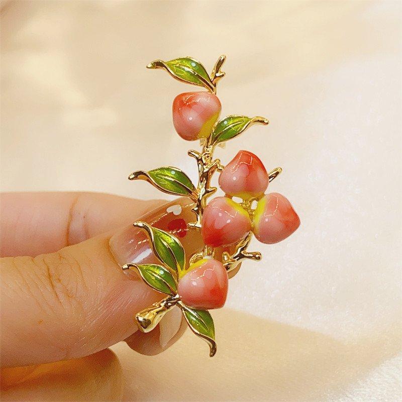 Full branch peach brooch, high-end temperament for women, enamel painted flower brooch, suit coat accessory, chest flower, retro