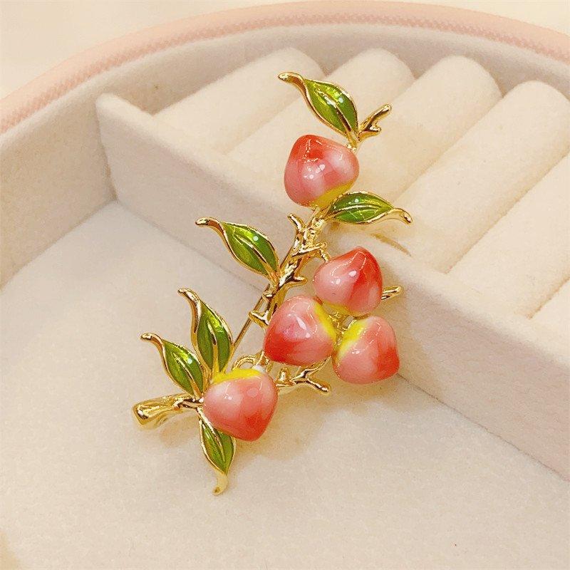 Full branch peach brooch, high-end temperament for women, enamel painted flower brooch, suit coat accessory, chest flower, retro