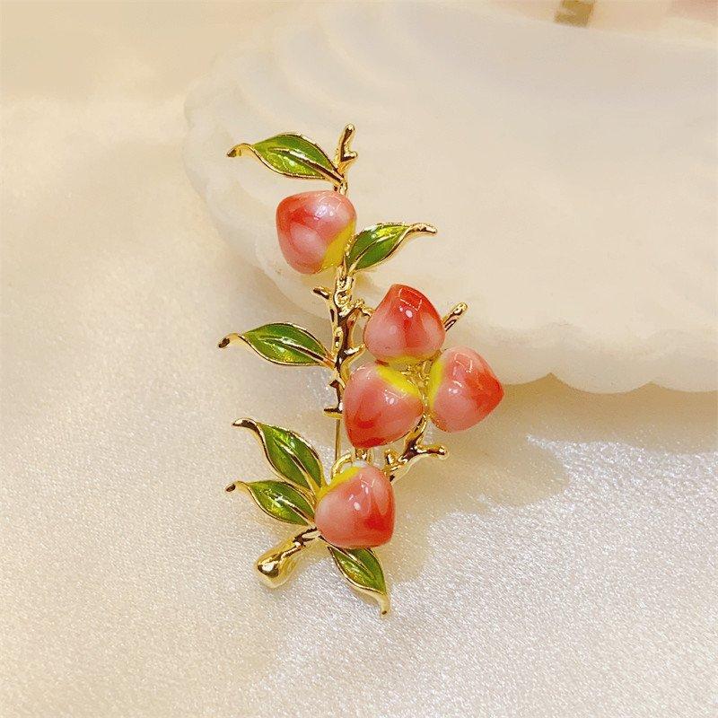 Full branch peach brooch, high-end temperament for women, enamel painted flower brooch, suit coat accessory, chest flower, retro