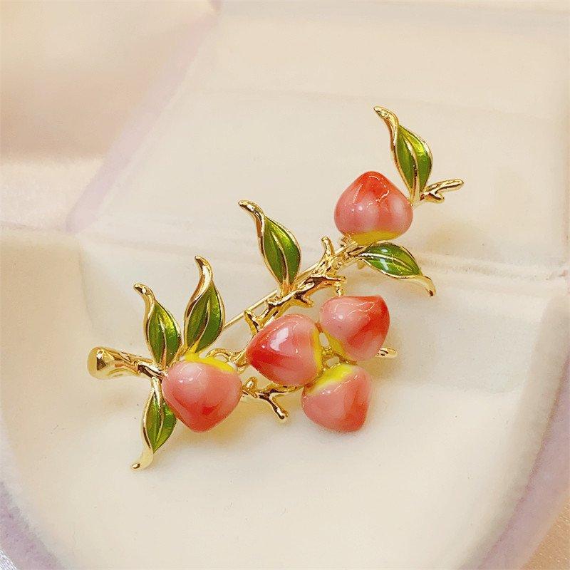 Full branch peach brooch, high-end temperament for women, enamel painted flower brooch, suit coat accessory, chest flower, retro