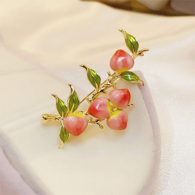 Full branch peach brooch, high-end temperament for women, enamel painted flower brooch, suit coat accessory, chest flower, retro