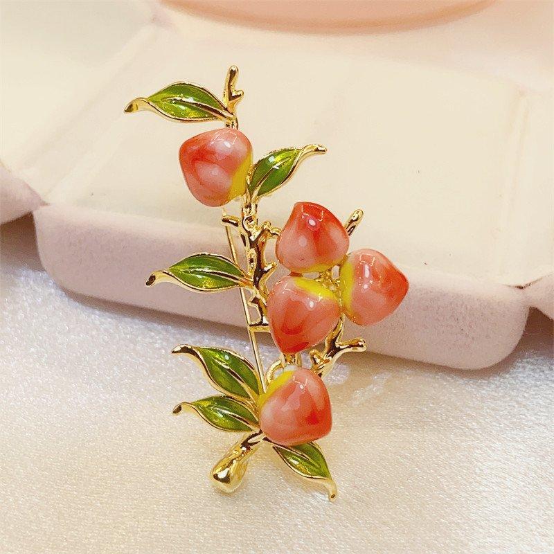 Full branch peach brooch, high-end temperament for women, enamel painted flower brooch, suit coat accessory, chest flower, retro