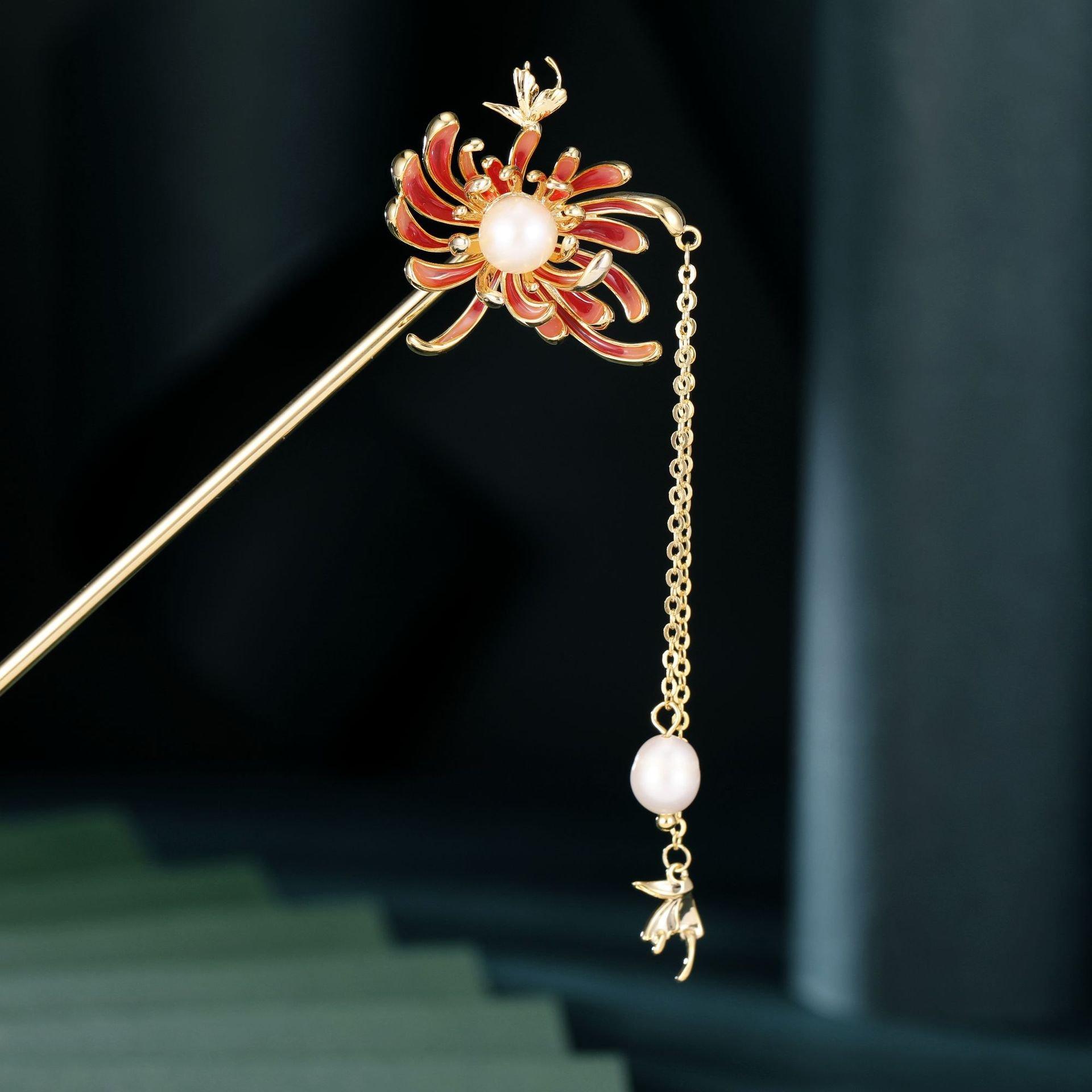 High grade China-Chic Oil dripping Chrysanthemum Hairpin Antique Clothing with Gold plated Natural Pearl Tassel Headwear Hairpin