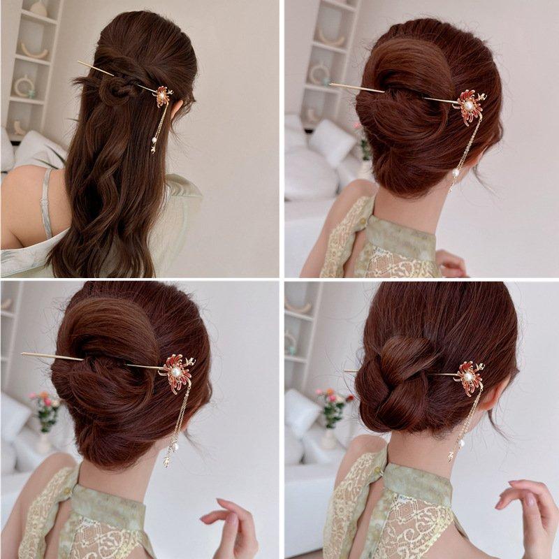 High grade China-Chic Oil dripping Chrysanthemum Hairpin Antique Clothing with Gold plated Natural Pearl Tassel Headwear Hairpin