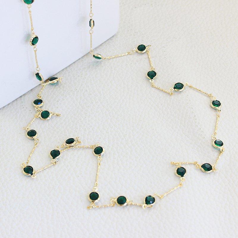 Japanese and Korean simple and versatile green crystal fine double layered long necklace, elegant feminine temperament, double-sided sweater, chain accessory