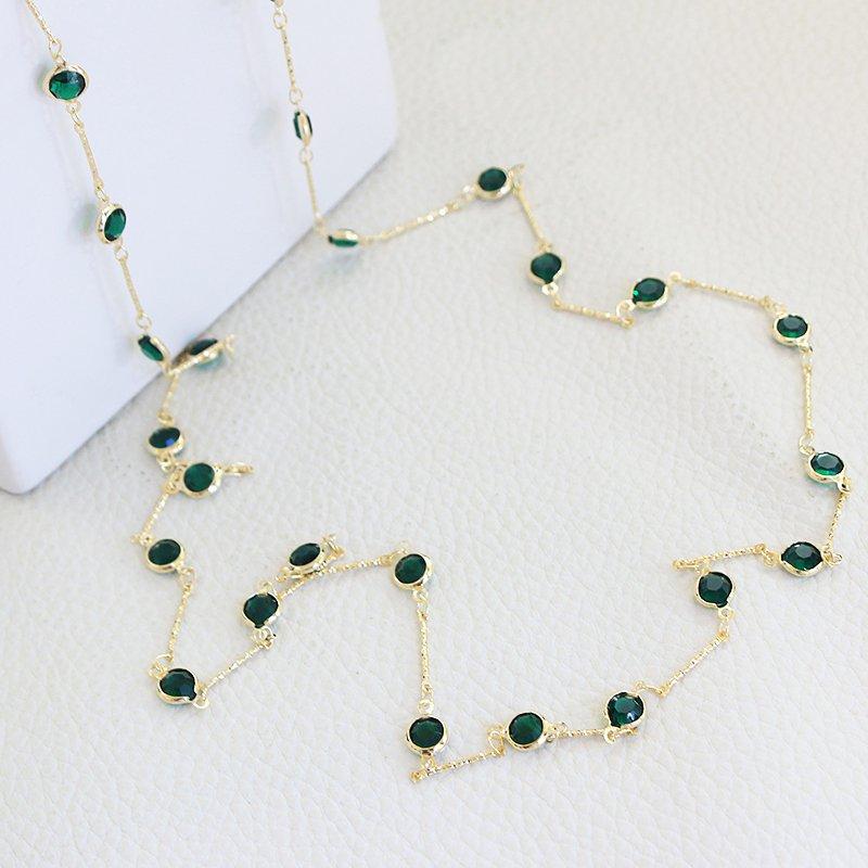 Japanese and Korean simple and versatile green crystal fine double layered long necklace, elegant feminine temperament, double-sided sweater, chain accessory