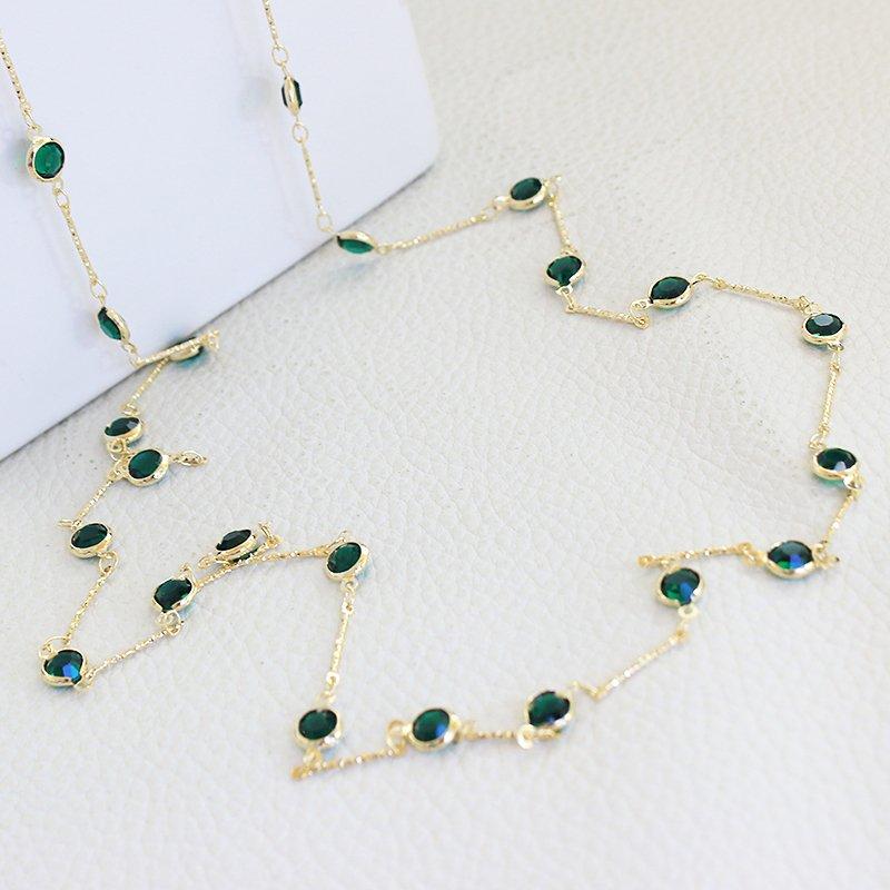 Japanese and Korean simple and versatile green crystal fine double layered long necklace, elegant feminine temperament, double-sided sweater, chain accessory