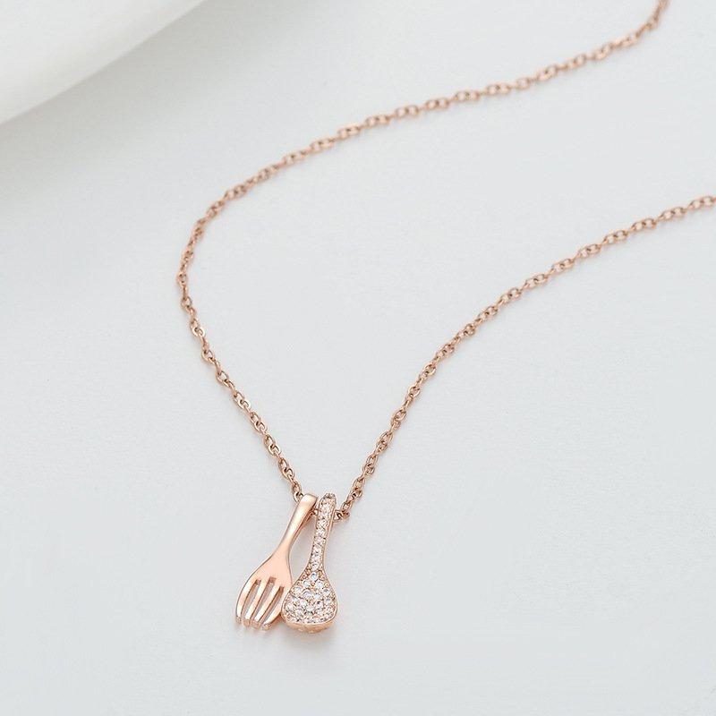 Korean fashion new micro inlaid zircon spoon, fork necklace, female niche design, cute tableware, collarbone chain, necklace accessory