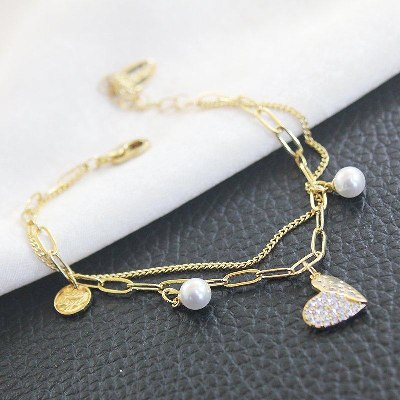 Korean version fresh style double-layer bracelet, Forest style student love pearl, gold color rhinestone bracelet, birthday gift