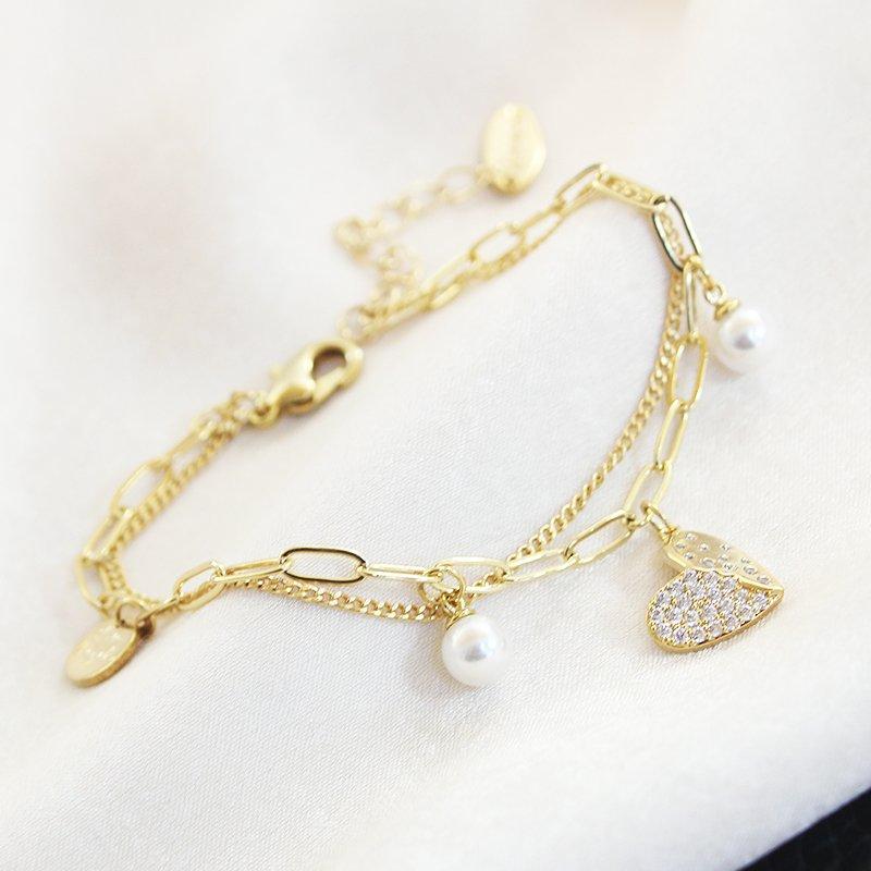 Korean version fresh style double-layer bracelet, Forest style student love pearl, gold color rhinestone bracelet, birthday gift