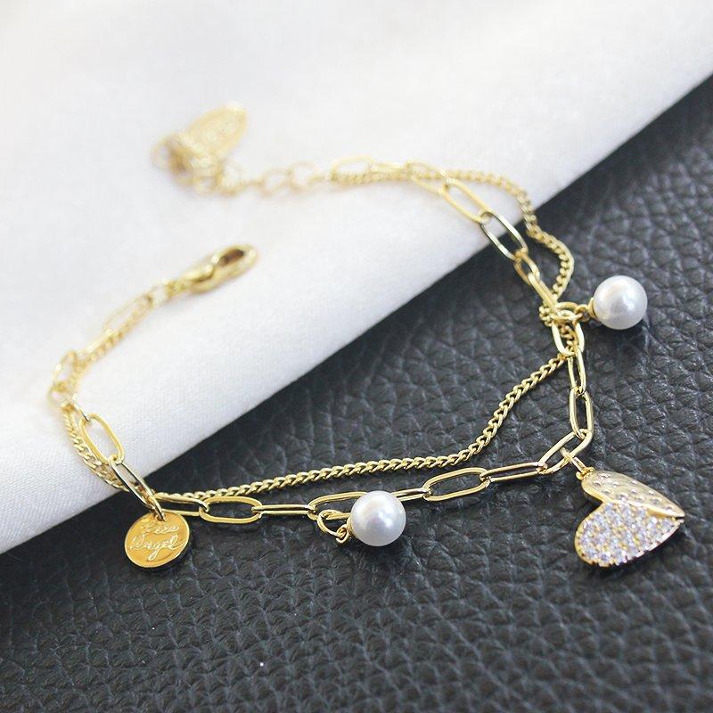 Korean version fresh style double-layer bracelet, Forest style student love pearl, gold color rhinestone bracelet, birthday gift