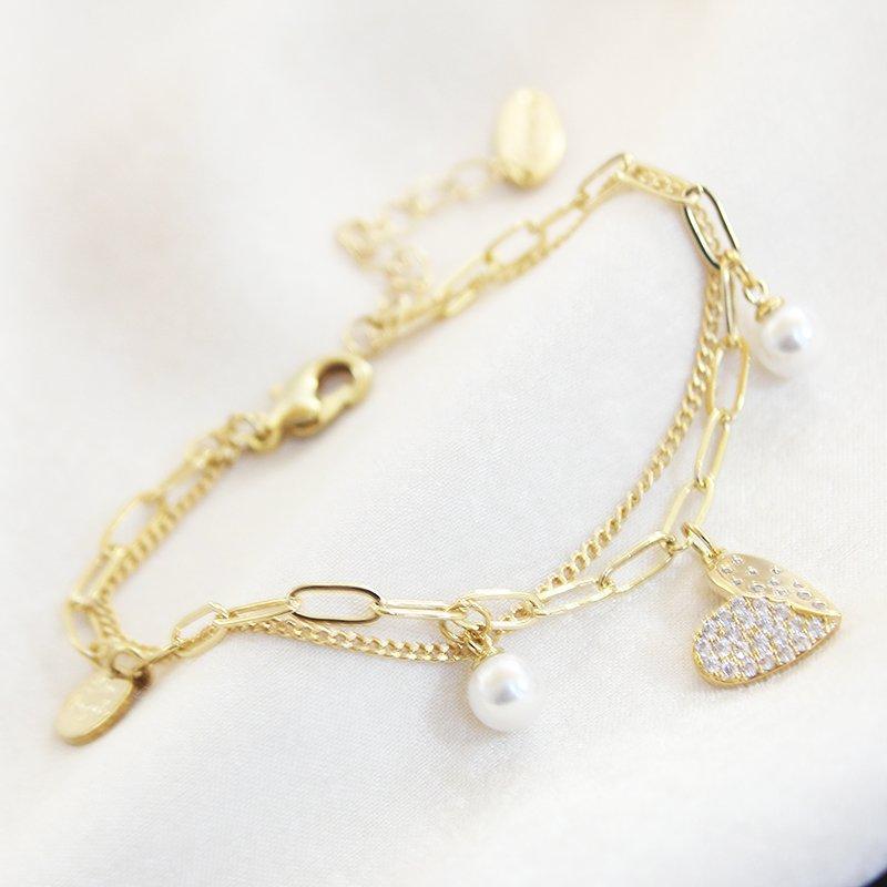 Korean version fresh style double-layer bracelet, Forest style student love pearl, gold color rhinestone bracelet, birthday gift