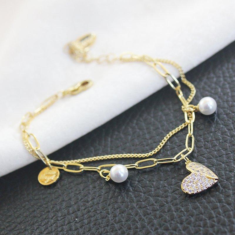 Korean version fresh style double-layer bracelet, Forest style student love pearl, gold color rhinestone bracelet, birthday gift