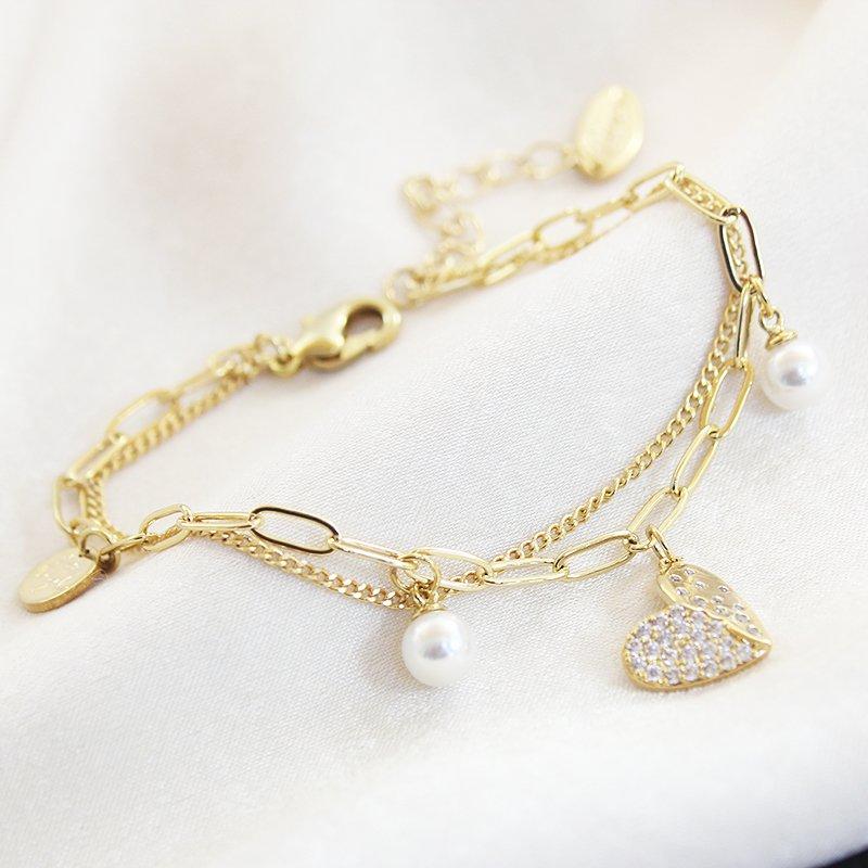 Korean version fresh style double-layer bracelet, Forest style student love pearl, gold color rhinestone bracelet, birthday gift