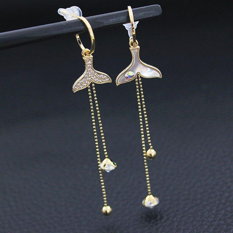 Korean version long tassel earrings mermaid series shell fish tail earrings dreamy and exquisite 925 pin earrings