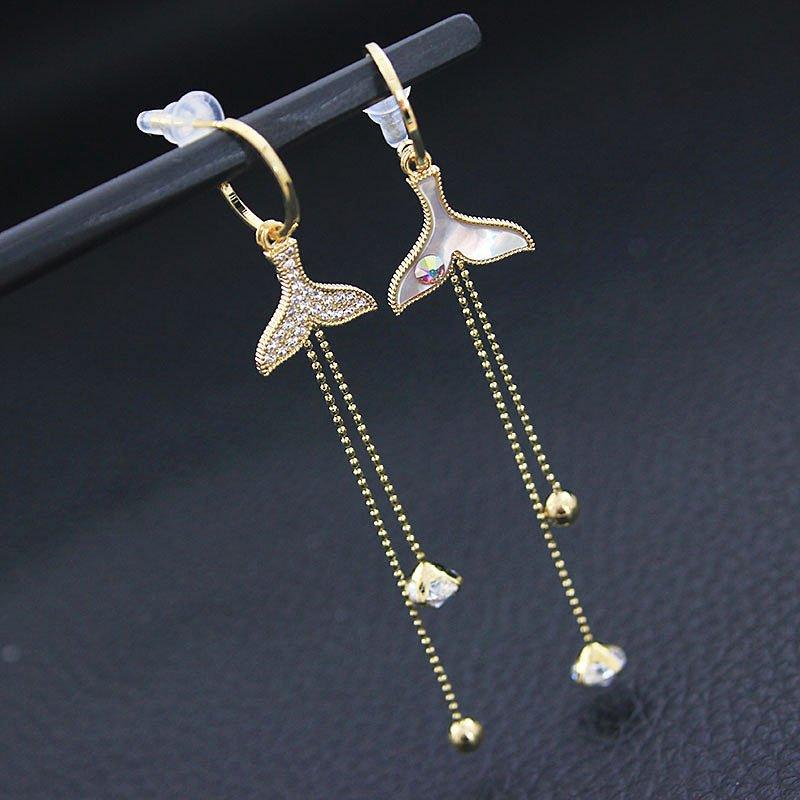 Korean version long tassel earrings mermaid series shell fish tail earrings dreamy and exquisite 925 pin earrings