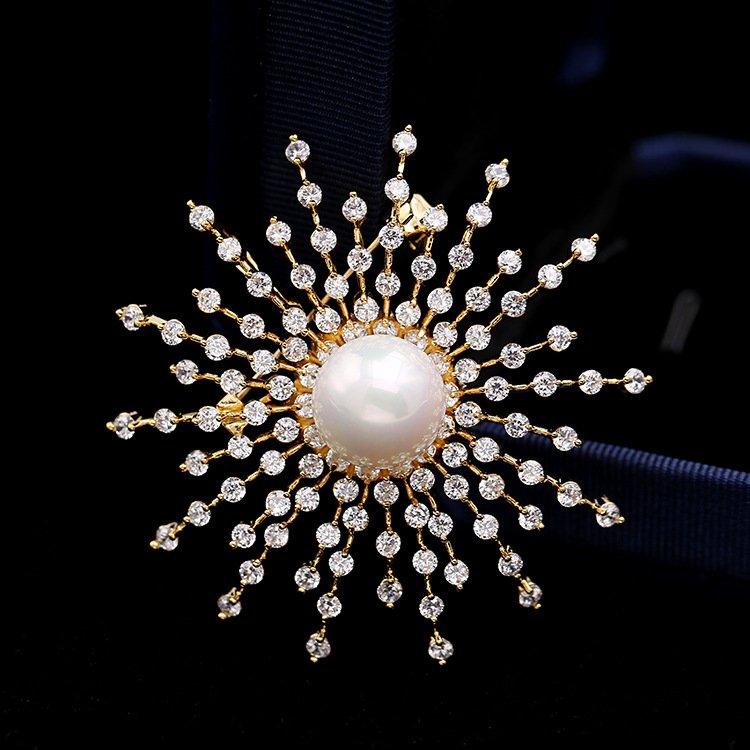 Korean version of light luxury brooch, women's sky full of stars, snowflakes, zircon, pearls, chest flowers, super sparkling rhinestones, coat, sweater, brooch, clothing accessories